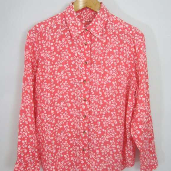 Pure Linen Brand Womens 14 Coral Pink White Floral LS 100% Linen Button Shirt XL - Picture 5 of 8